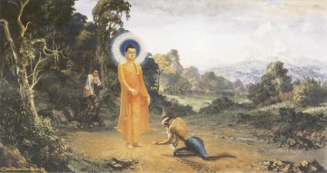仏教徒 Painting - 旅行者の右手人差し指を切り落とした残忍な男アングリマーラを克服する仏陀 仏教